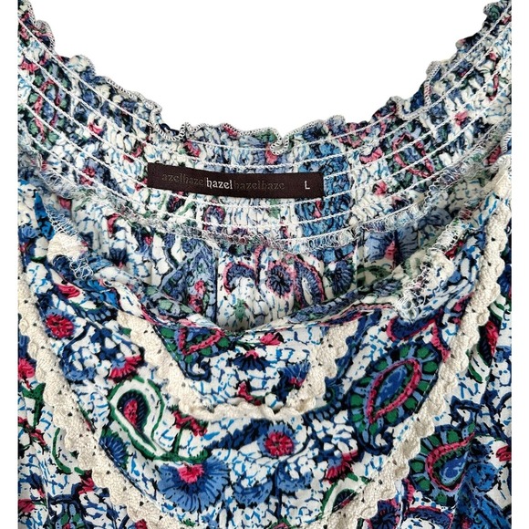 azelhazel hazel hazel haze Women's Colorful Print Blouse Top 100%Rayon Sz L Blue - Picture 4 of 9